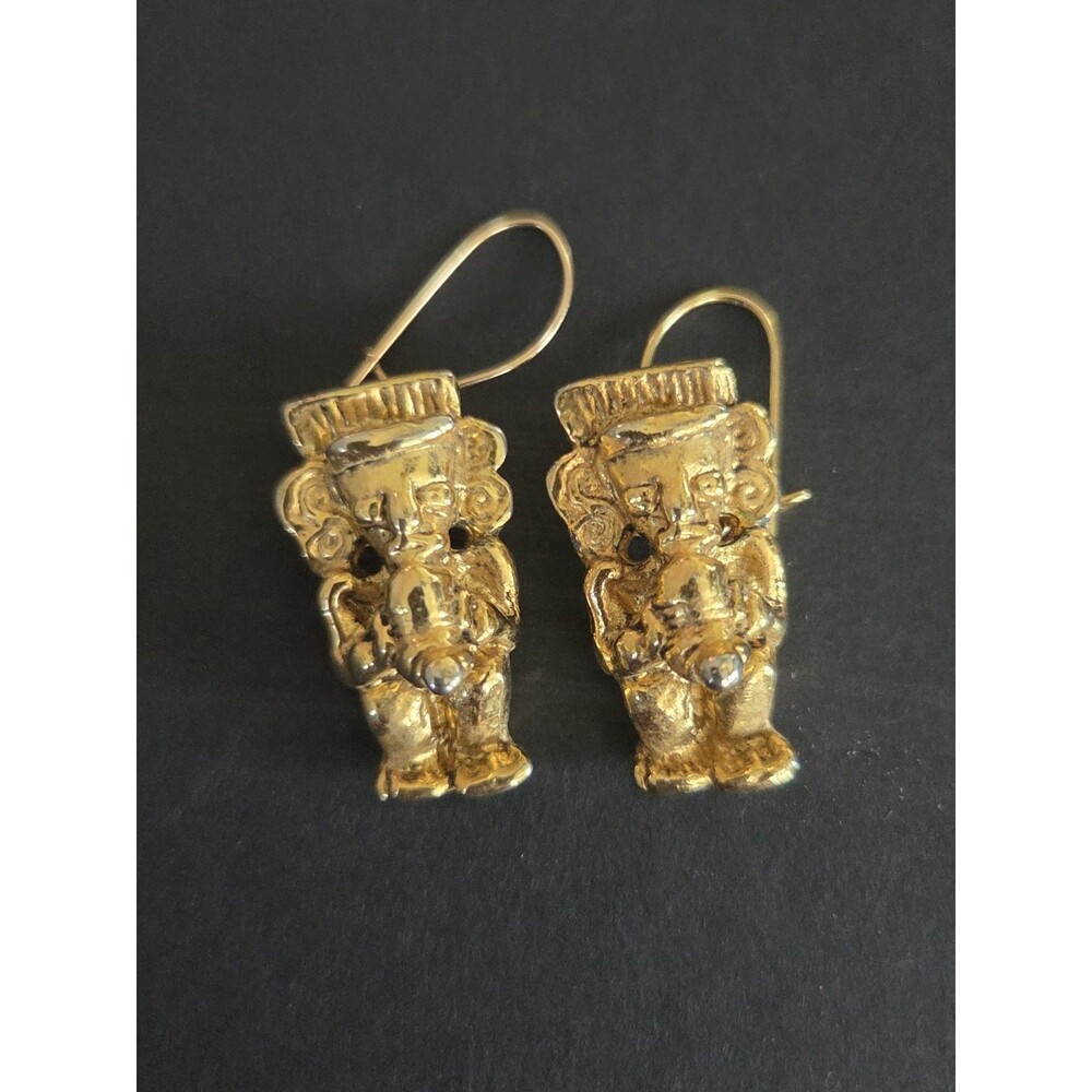 VTG Pre-Columbian Style Tairona Shaman Earrings - 24K Gold Plated Museum Repro